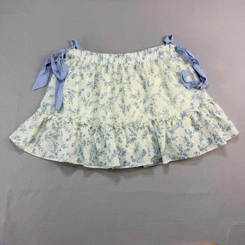 New View Blue Floral Swiss Dot Ruffle Tier Skort Women Sz L Cream Side Tie Mini